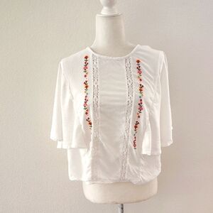 Blue Rain Bohemian Open Back Embroidered White Women's Flutter Sleeve To…